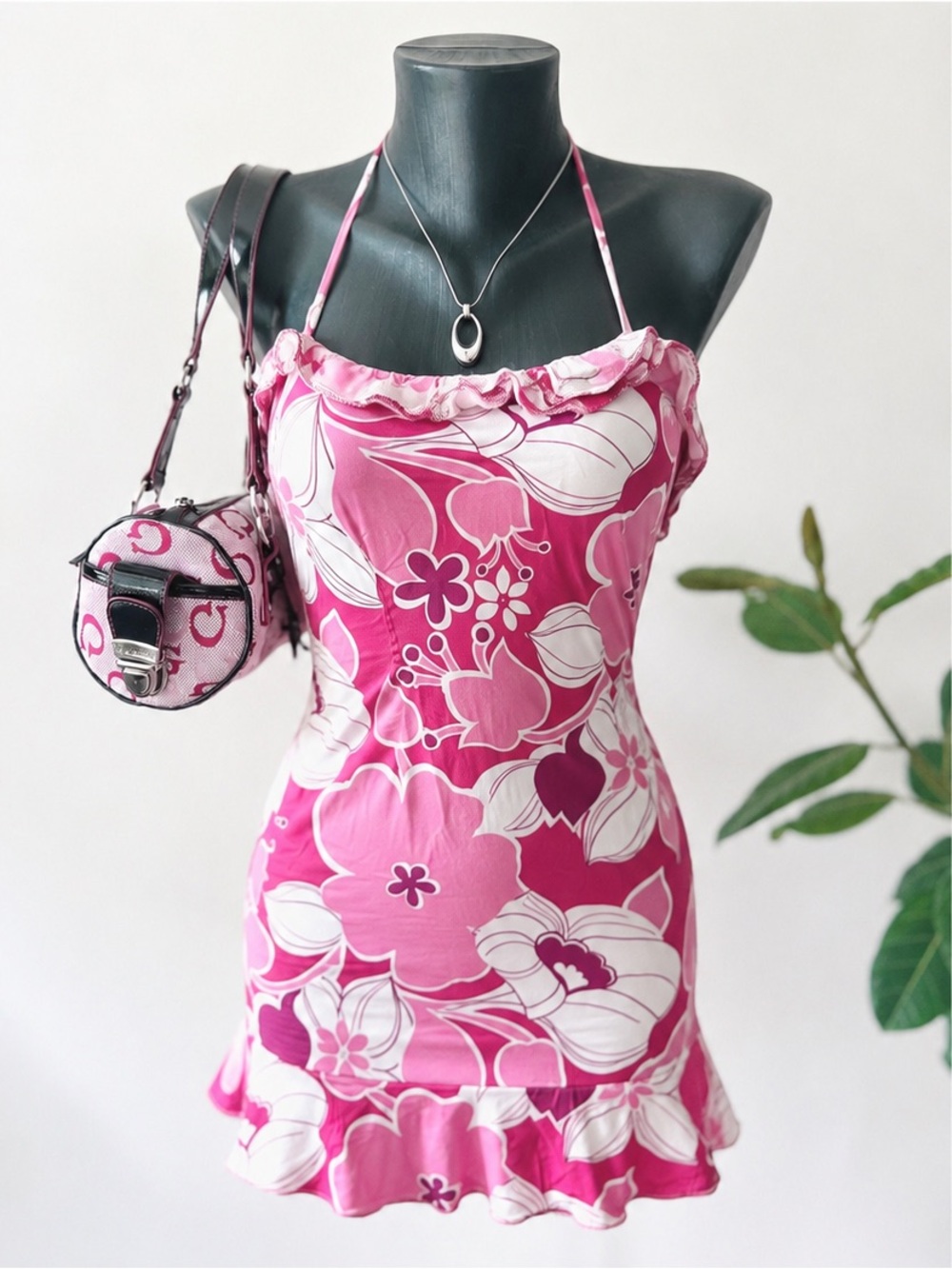 2005 Vintage Old Navy | Y2K Pink Floral Halter Mini Dress